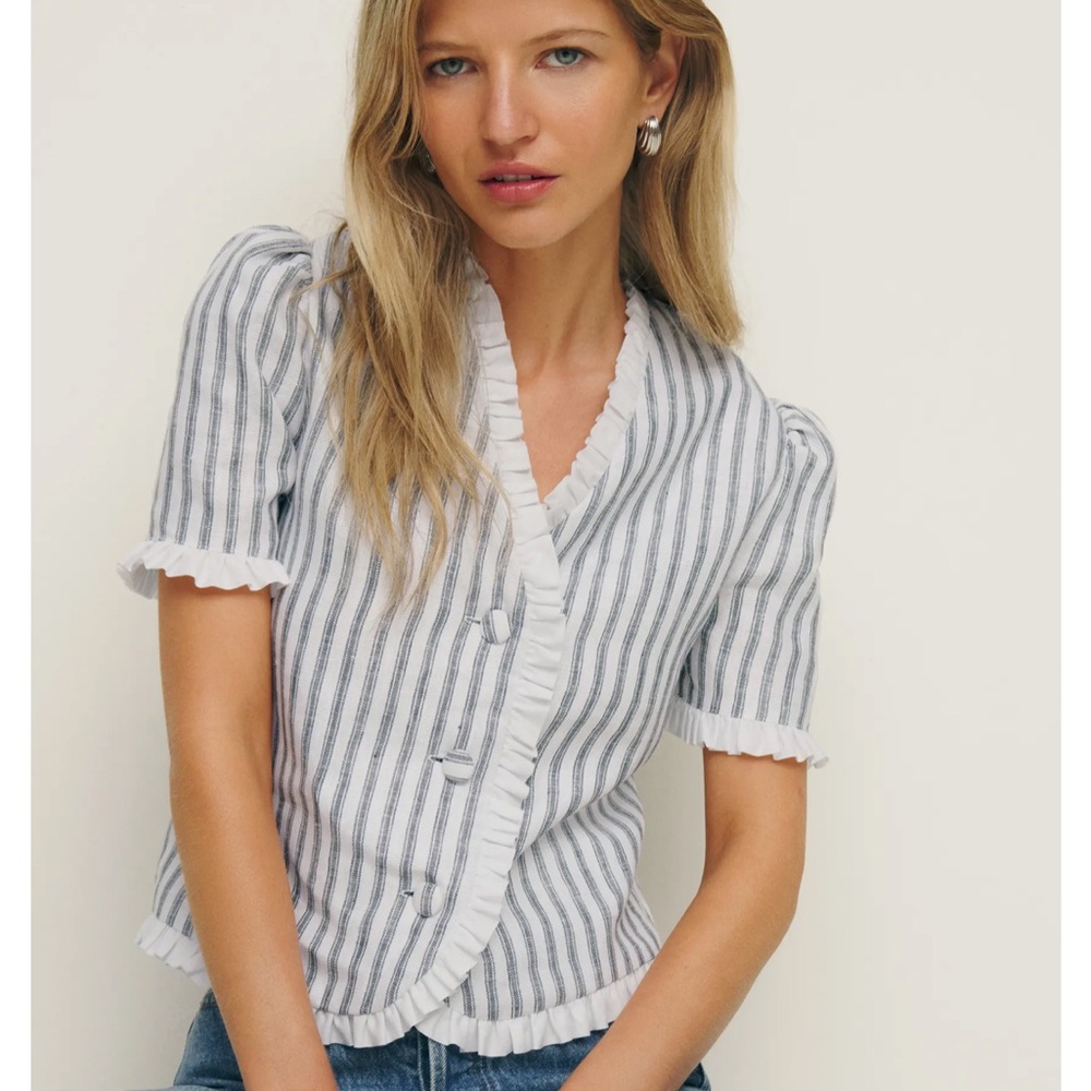 LIKE NEW REFORMATION Bess Linen Top, Antibes Stripe, size M